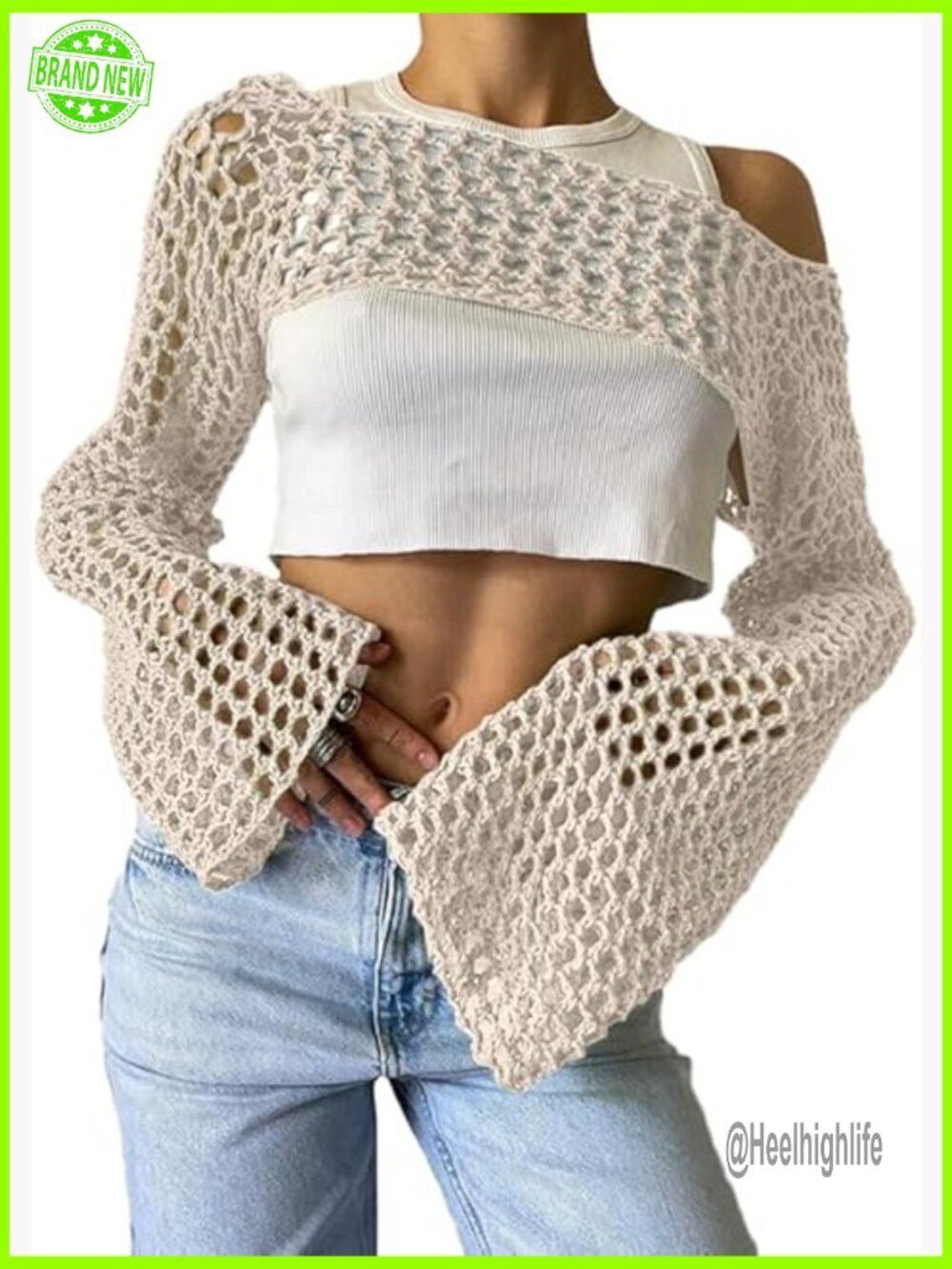 Crochet Crop Top Shrug Hollow Out Mesh Knit Long Sleeve Sweater Y2K